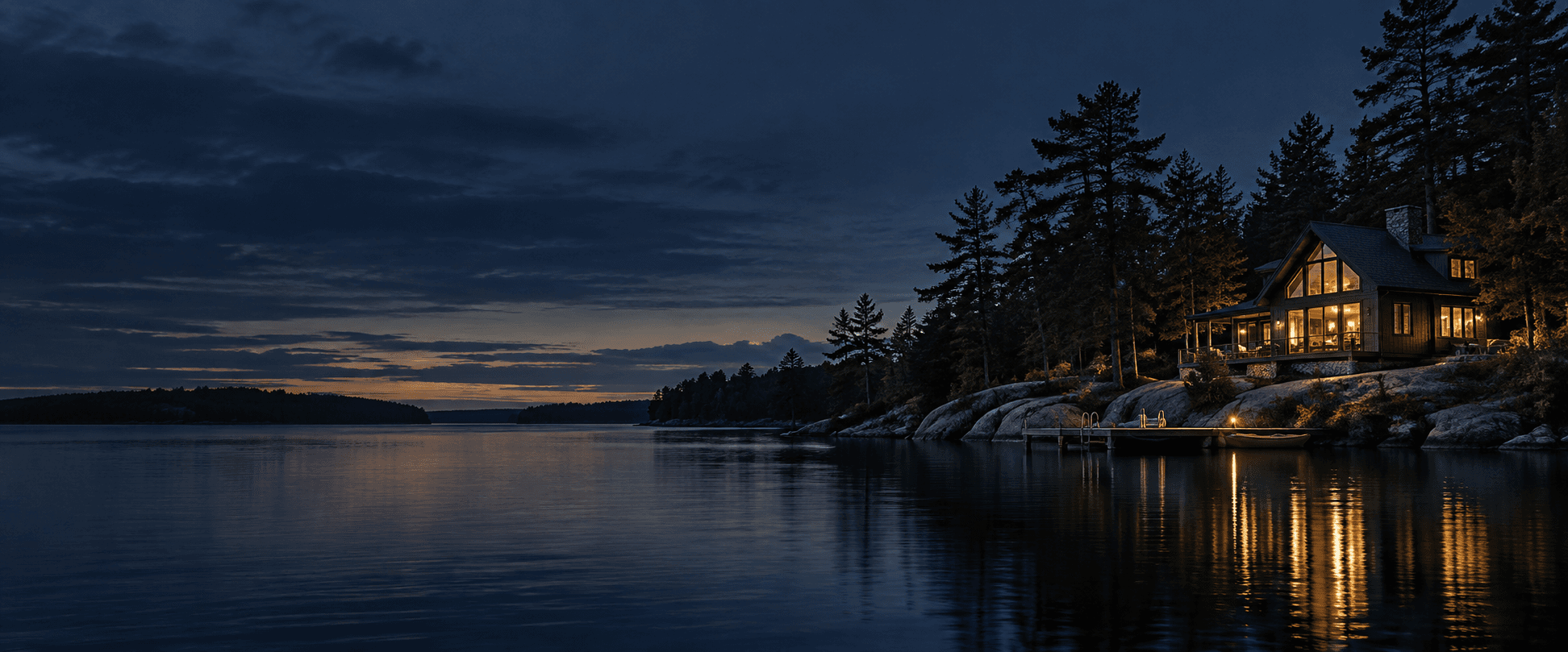 A warmly lit cottage beside a calm northern lake at dusk